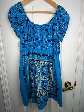 Majora Blue Floral Tunic Top Women's XL Boho Peasant Blouse Mini Dress Rayon